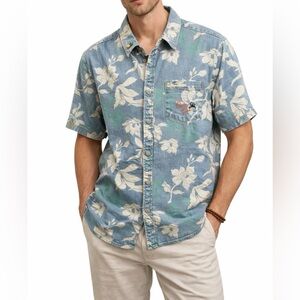 NWT Disney Tiana Frog Denim Hawaiian Camp Shirt Men‎ L Tropical Vacation